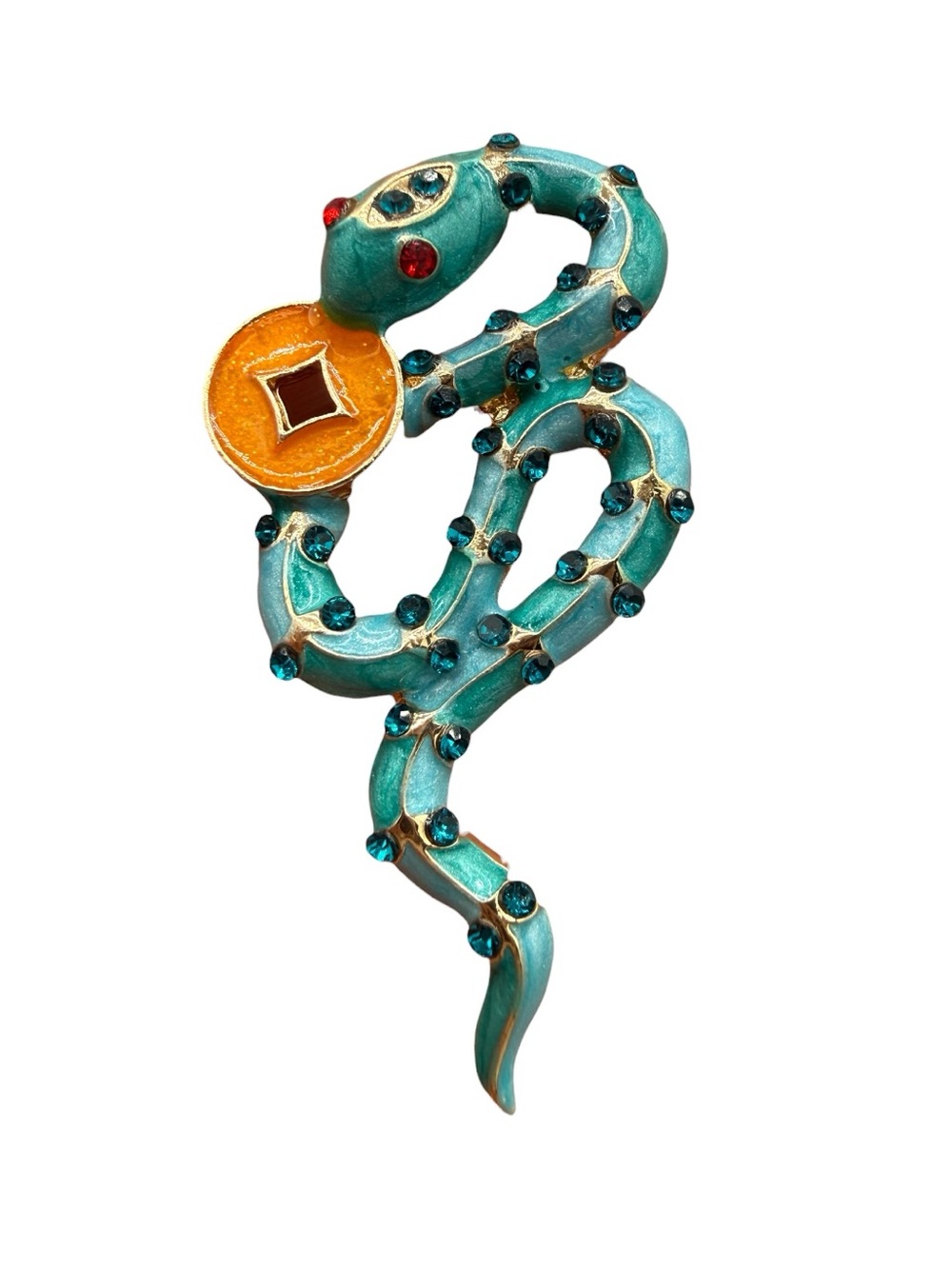 Turquoise Enamel Snake Ornament with Amber Coin - Designer Accent - Picture 3 of 7